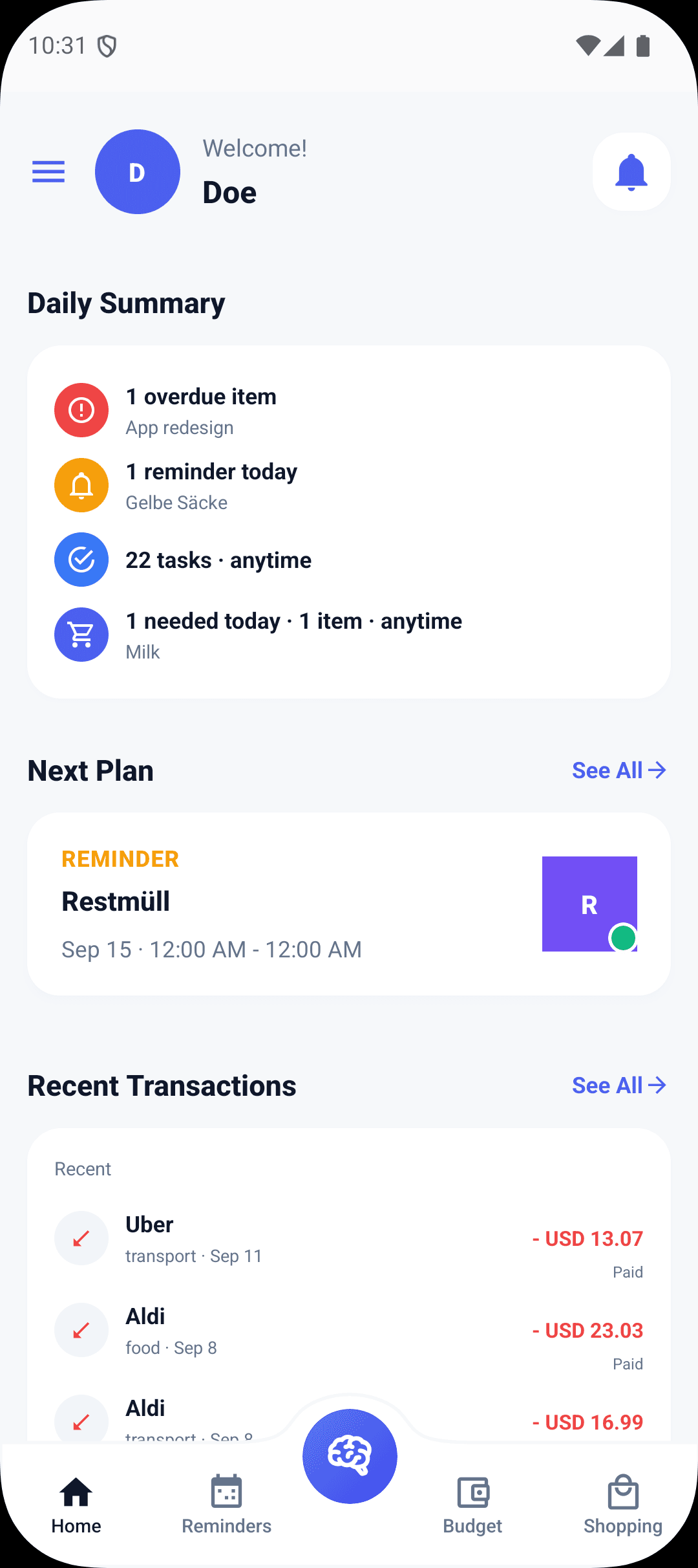 FamiliaSync home screen showing the daily summary, next plan, and recent transactions