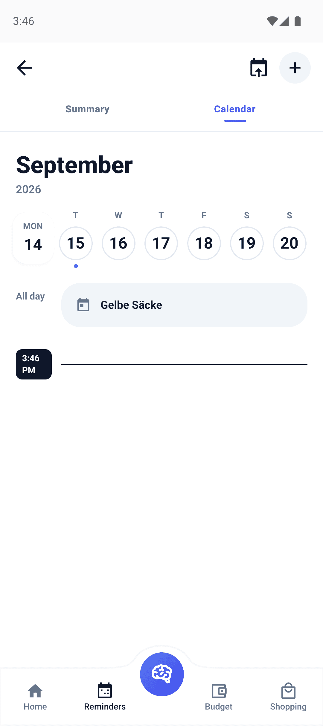 FamiliaSync reminders screen showing a calendar week view