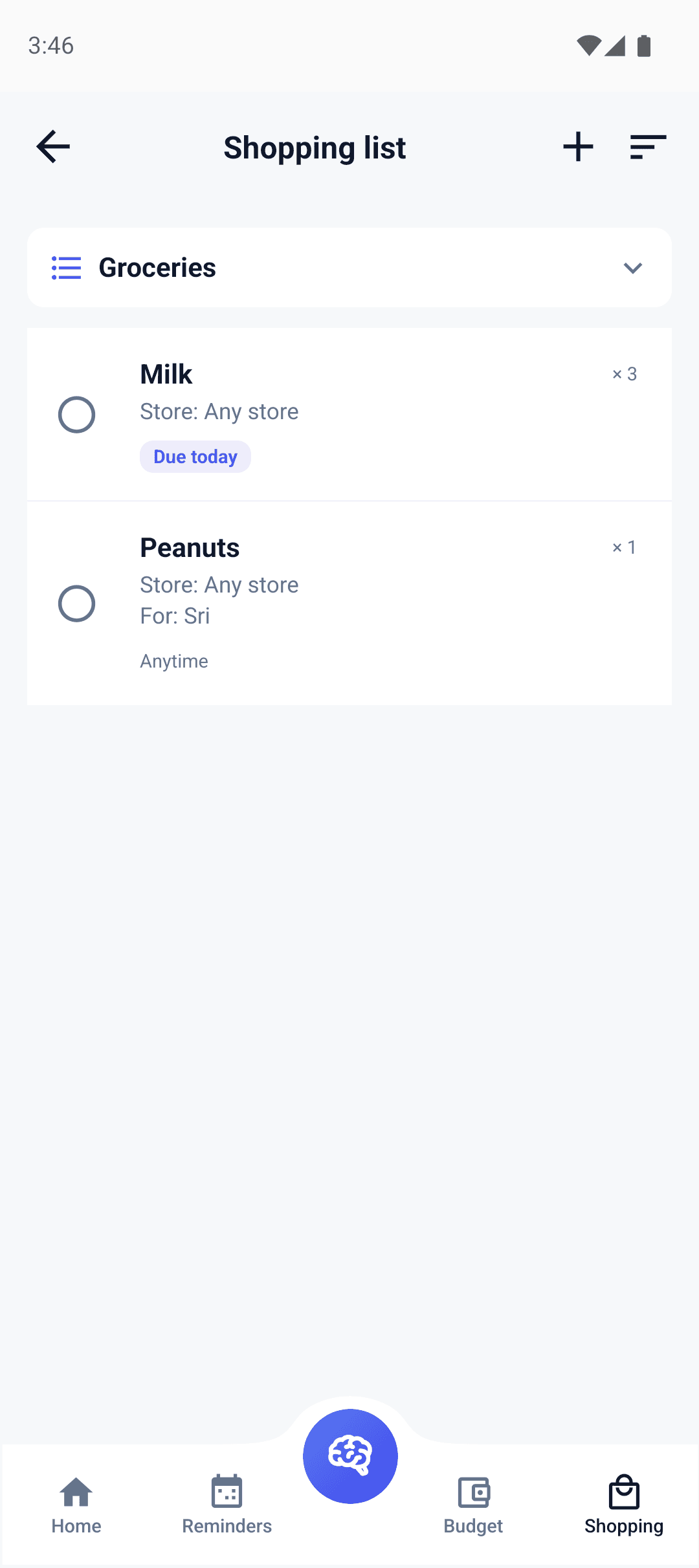 FamiliaSync shopping list with items ready to check off